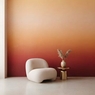 붉은빛 그라데이션 벽면 앞쪽에 아담한 1인용 화이트 소파와 화병이 놓인 실내
 An interior with a cozy single white sofa and a vase placed in front of a red-toned gradation wall