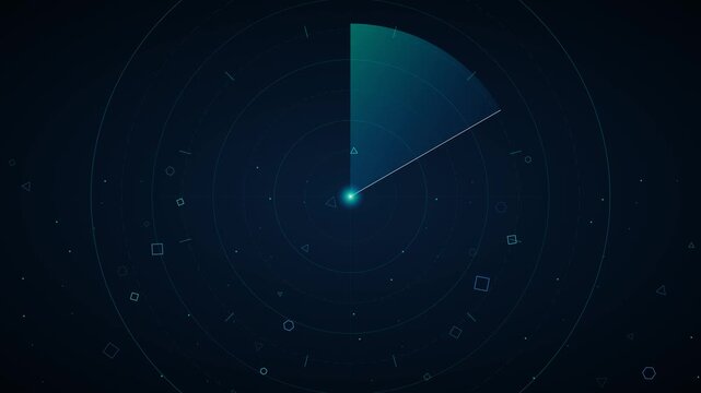 Abstract Digital Radar Scan Sweeping Across A Dark Blue Background With Geometric Shapes