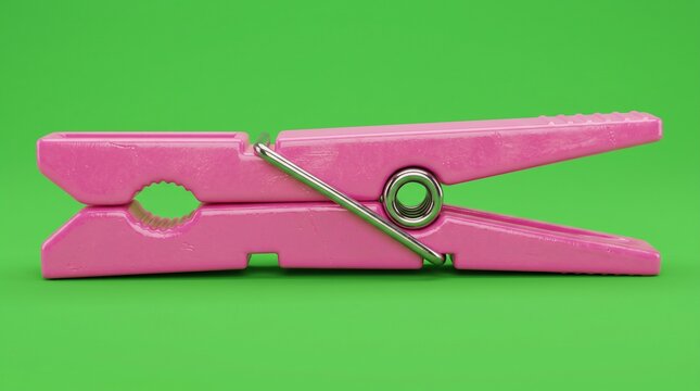 Pink clothespin on green background: A single pink wooden clothespin, a classic tool for hanging laundry, is captured in sharp detail against a vibrant green backdrop.