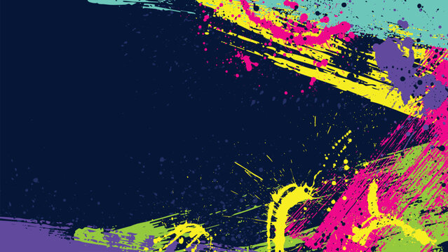 The dark background features vibrant, colorful brushstrokes and scattered paint stains.