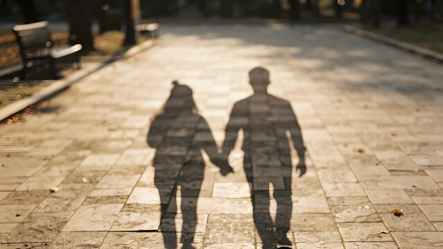 따스한 햇살 아래 손을 잡고 나란히 걸어가는 남녀의 그림자 풍경
 A shadow scenery of a man and a woman walking side by side holding hands under warm sunlight