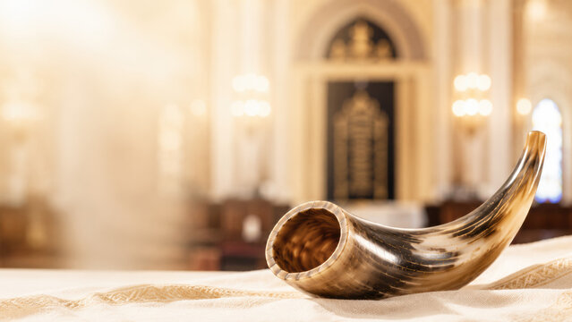 Shofar horn resting on white cloth on altar with blurred synagogue interior and golden light in background for Yom Kippur and Rosh Hashanah