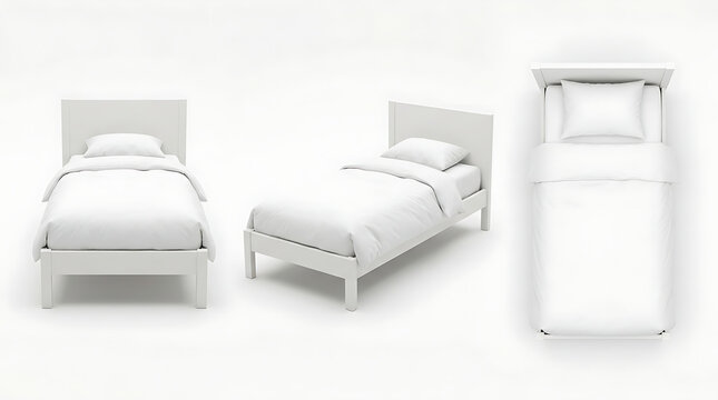 Three modern single beds in white minimalist style displayed from multiple perspectives on white