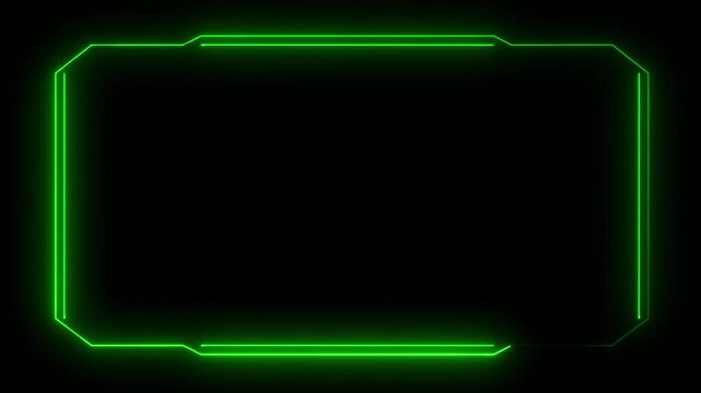 Neon green geometric frames progressing across black background video footage