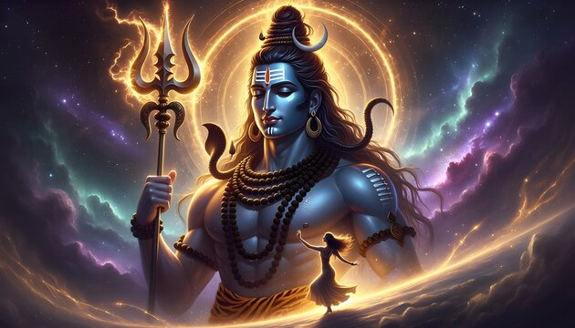 Divine Art: Lord Shiva with Trident and Parvati Dancing in a Cosmic Nebula