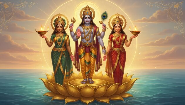 Lord Vishnu with Goddess Lakshmi and Bhudevi on a Golden Lotus, Divine Hindu Trinity Illustration
