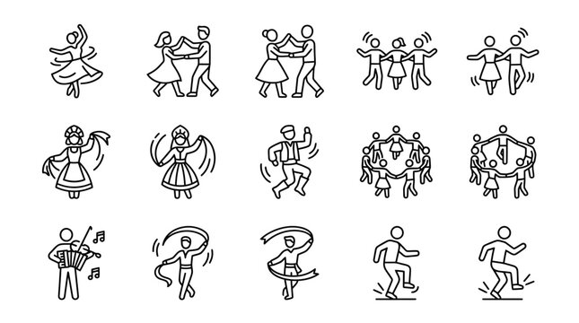 Collection of diverse people dancing and celebrating together in folk style