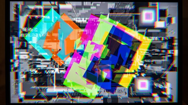 Abstract digital glitch effect featuring colorful overlapping geometric squares and distorted screen noise