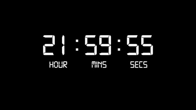 24 hour countdown timer animation. Digital timer countdown animation 4k video with alpha channel