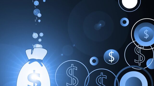 Glowing money bag with dollar signs floating coins and circles background animation