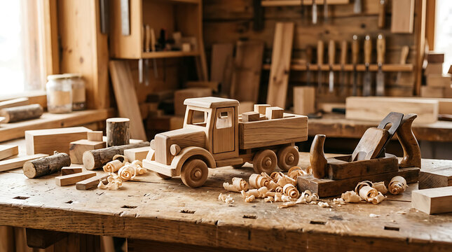 Wooden toy truck on a carpenter workbench with woodworking hand plane and shavings