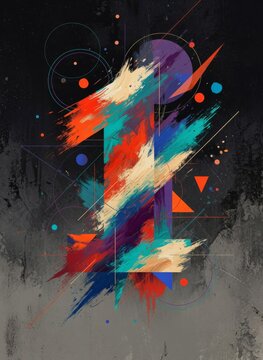 Composizione artistica astratta del numero uno con pennellate colorate ed elementi geometrici su sfondo scuro