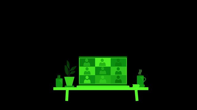 Animation of a virtual meeting on a laptop with a minimalist desk setup