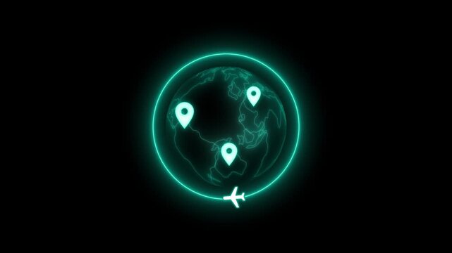 Glowing Globe with Location Pins and Airplane Icon Animation