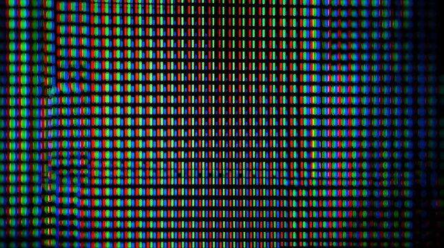 Macro close-up view of red green and blue digital pixels on screen
