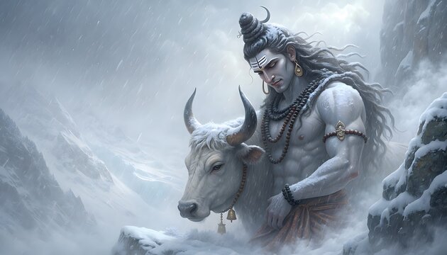 Lord Shiva with Sacred Bull Nandi in Snowy Himalayan Mountains