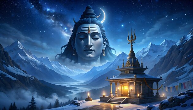Lord Shiva Statue with Sacred Hindu Temple in Snowy Himalayas under Starry Night Sky