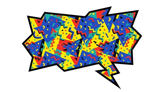 Colorful speech bubble with retro nineties style geometric pattern and jagged edges