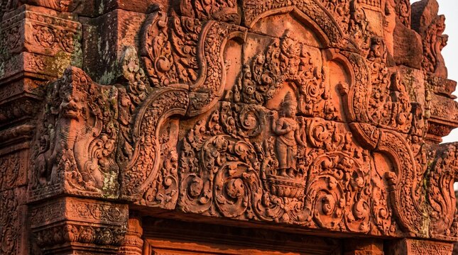 Ornate Khmer bas relief stone carvings on an ancient red sandstone temple wall