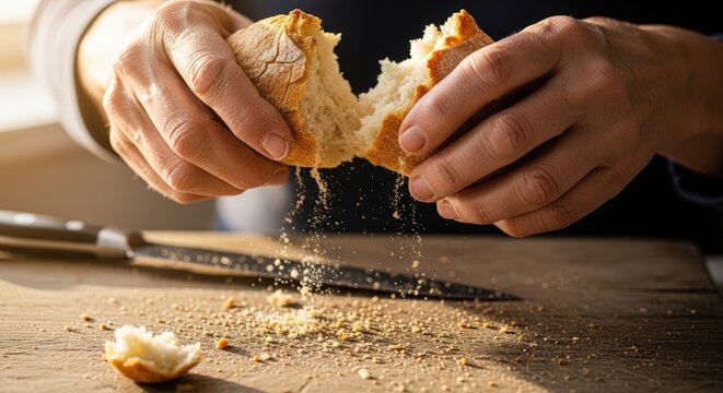 Hands breaking apart crusty bread loaf.