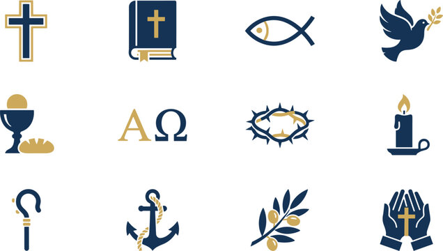 Christian religious icons set in blue and gold colors featuring cross bible ichthys dove communion alpha omega elements