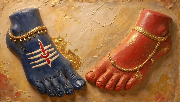 Lord Shiva and Goddess Parvati Divine Charan Paduka Sacred Feet Relief Sculpture Art