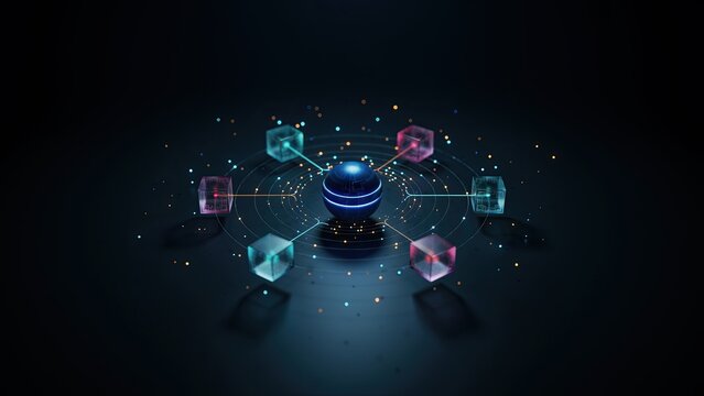 Central network hub radiates light while connecting five equidistant digital cubes in a symmetrical layout.