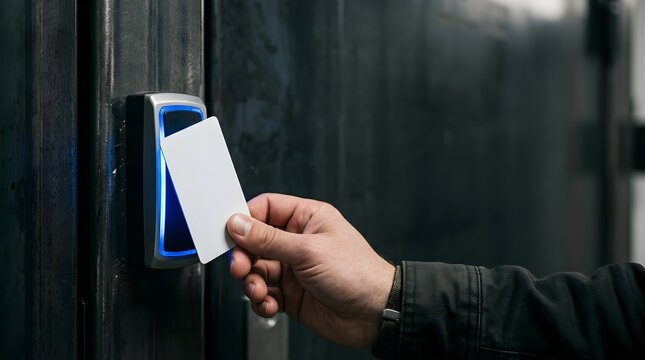 Person using a blank RFID card to open a secure electronic door lock
