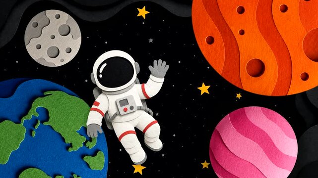 Paper Cutout Space Animation with Floating Astronaut, Earth, Moon and Colorful Planets | 4K Motion Background