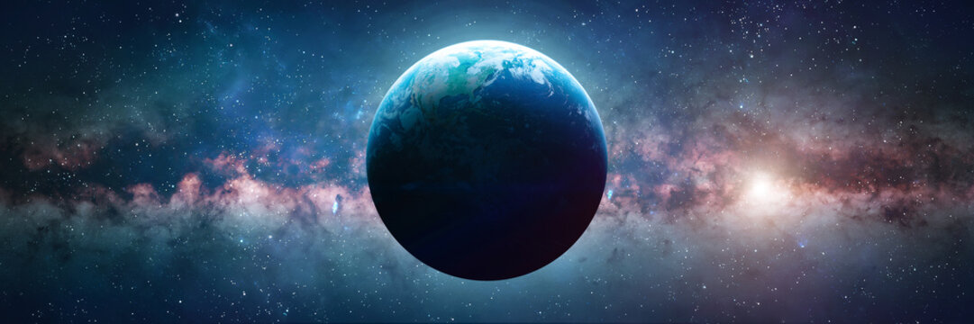 Planet Earth globe in outer space with bright stars and Milky Way galaxy. Sunlight at the dawn of day. Landscape with planet and starry sky. Elements of this image furnished by NASA. Photo collage