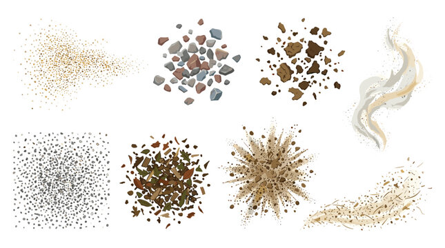 Collection of eight debris and particulate texture illustrations with stones, organic fragments, dirt bursts, smoke, and sandy effects