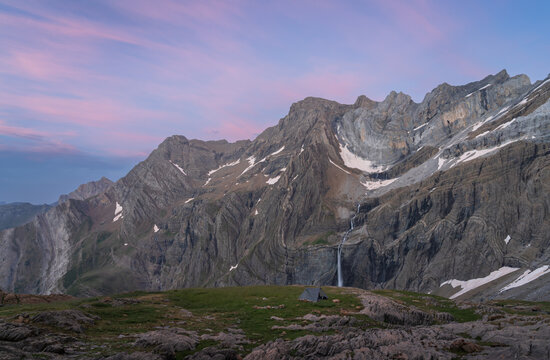 Bivouac in Cirque de Gavarnie, with a few at the Gavarnie Falls, at dawn.