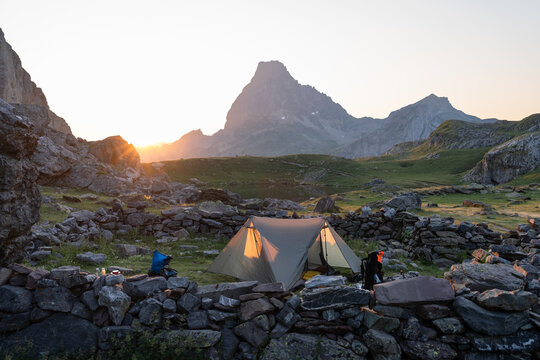 View on the famous Petit Pic du Midi d'Ossau, in the French Pyrenees, from a bivouac place during a summer sunrise.