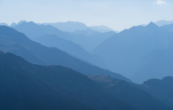 View on the layered mountains of the Pyrenees around the Pineta valley, National Park Ordesa y Monte Perdido.