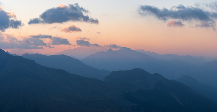 View on the layered mountains of the Pyrenees around the Pineta valley, during a nice dawn.