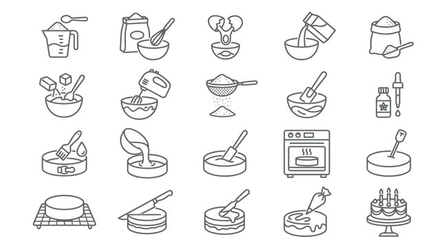 Baking process steps icons set food preparation cooking elements