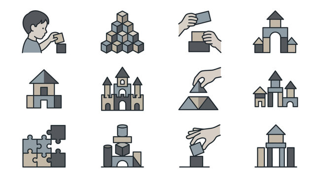 Toy block constructions and castle building icons.