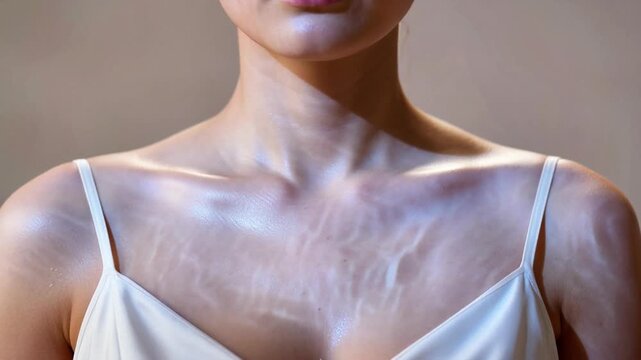 Woman showing shoulders with abstract water reflection light patterns on skin texture shadow cosmetics beauty glow