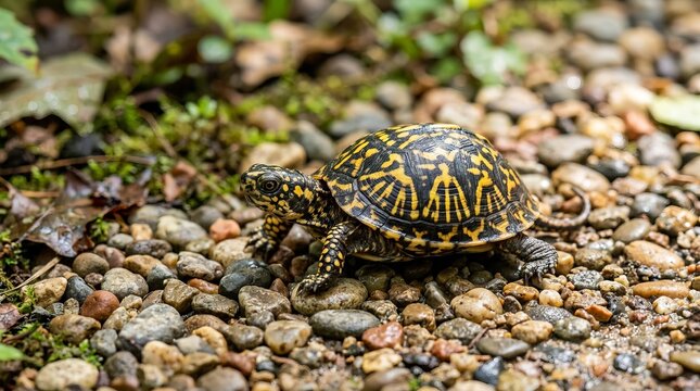 Small patterned turtle slowly walks across a gravel path in a natural setting.