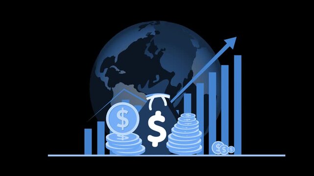 Global finance growth and profit, Money bag in front of a world globe with rising bars and an upward arrow animation