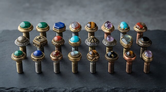 Collection of decorative metal bolts with gemstone inlays