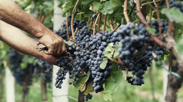 Cinematic close-up footage of hands carefully picking ripe grape clusters from the vine during the autumn harvest. Detailed shots of fresh grapes, vineyard leaves