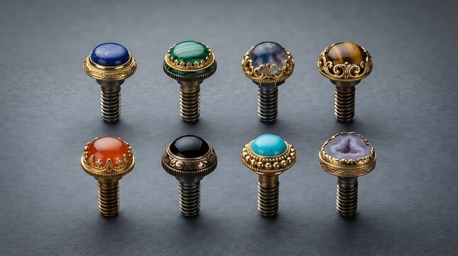 Set of decorative metal bolts with various colorful gemstone cabochon heads