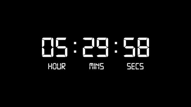 6 hour countdown timer animation. Digital timer countdown animation with alpha channel