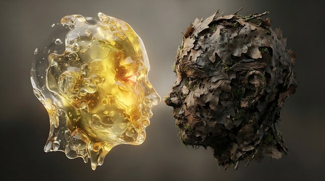 Conceptual art of two contrasting human heads made of liquid gold and autumn leaves