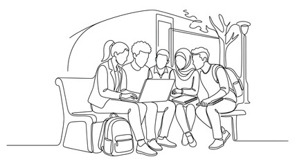 Obraz premium Group of diverse students studying together on a laptop.