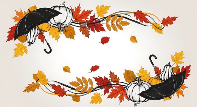 Graphic Autumn Flourish: Illustrated border of vibrant fall leaves, plump white pumpkins, and sleek black umbrellas on a soft canvas.