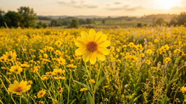 Vibrant yellow wildflowers bloom in a sun-drenched meadow at golden hour.