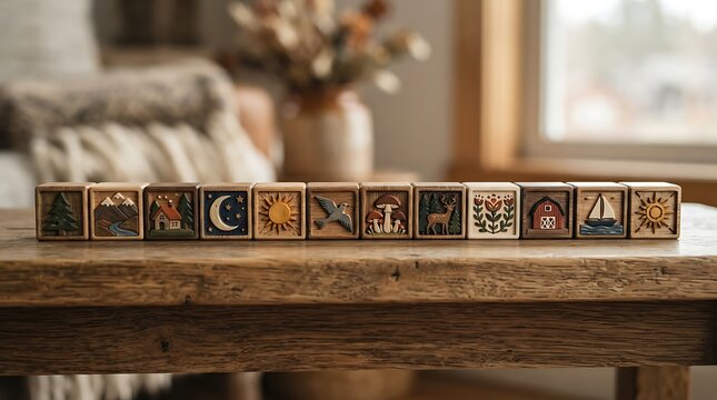 Set of decorative wooden blocks with natureinspired carvings