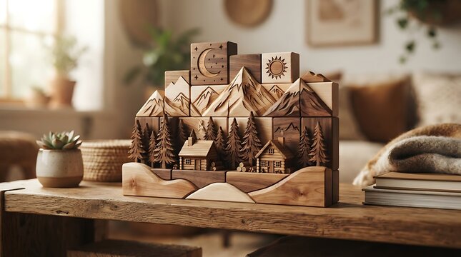 Wooden mountain and cabin block puzzle decor